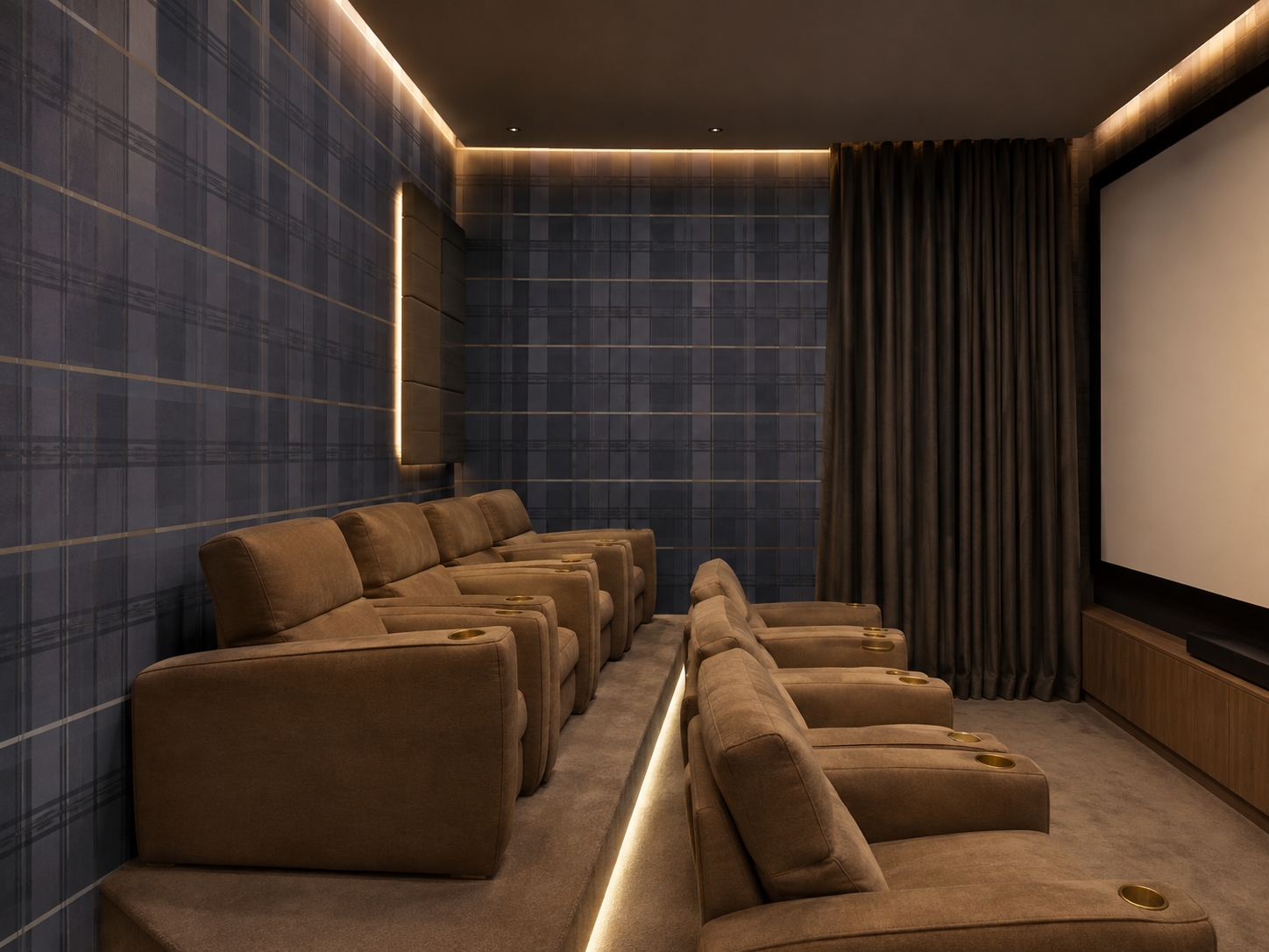 Sala de cinema com parede xadrez contínua