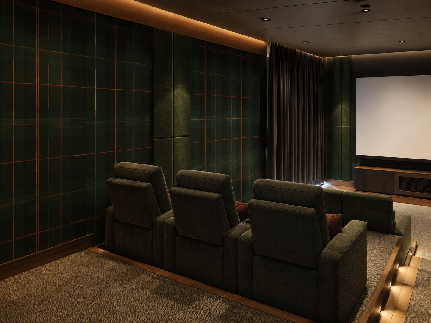 Cinema privativo verde com xadrez sofisticado