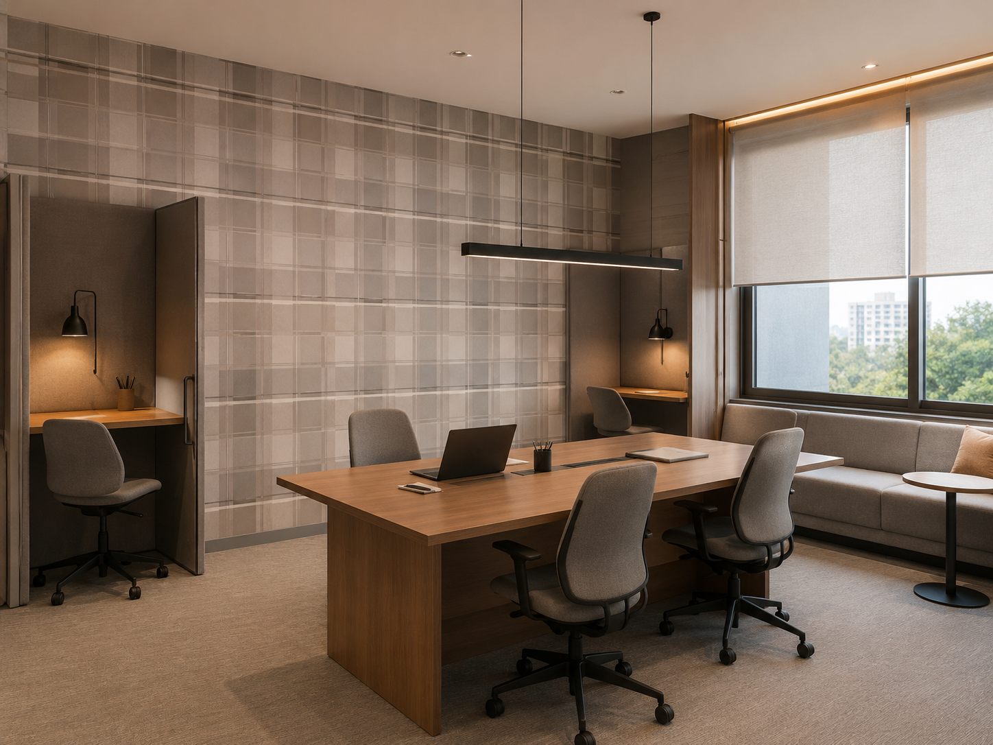 Coworking residencial com parede xadrez taupe