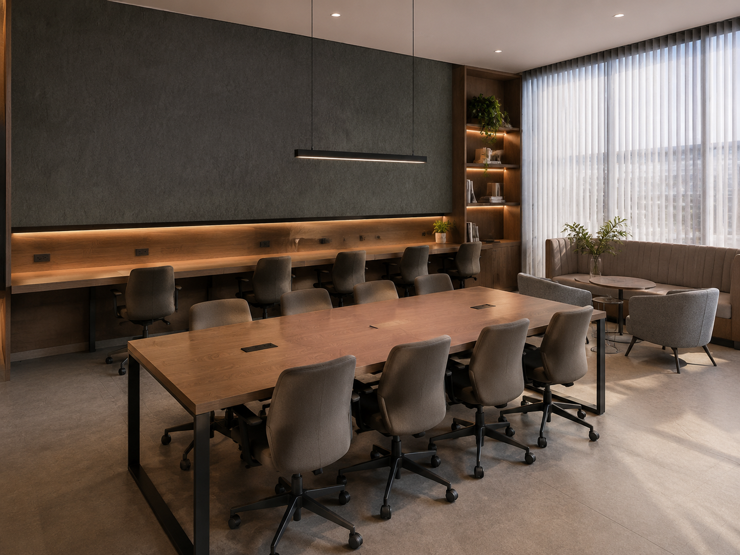 Espaço coworking com textura mineral escura