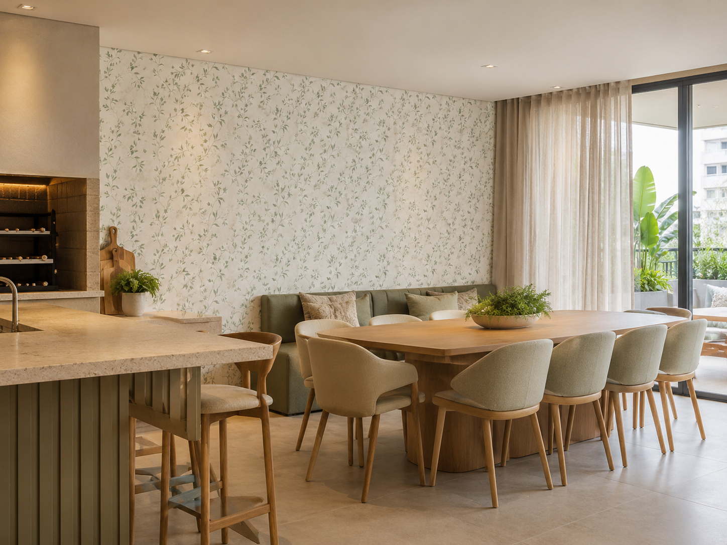 Sala gourmet com parede botânica em sálvia