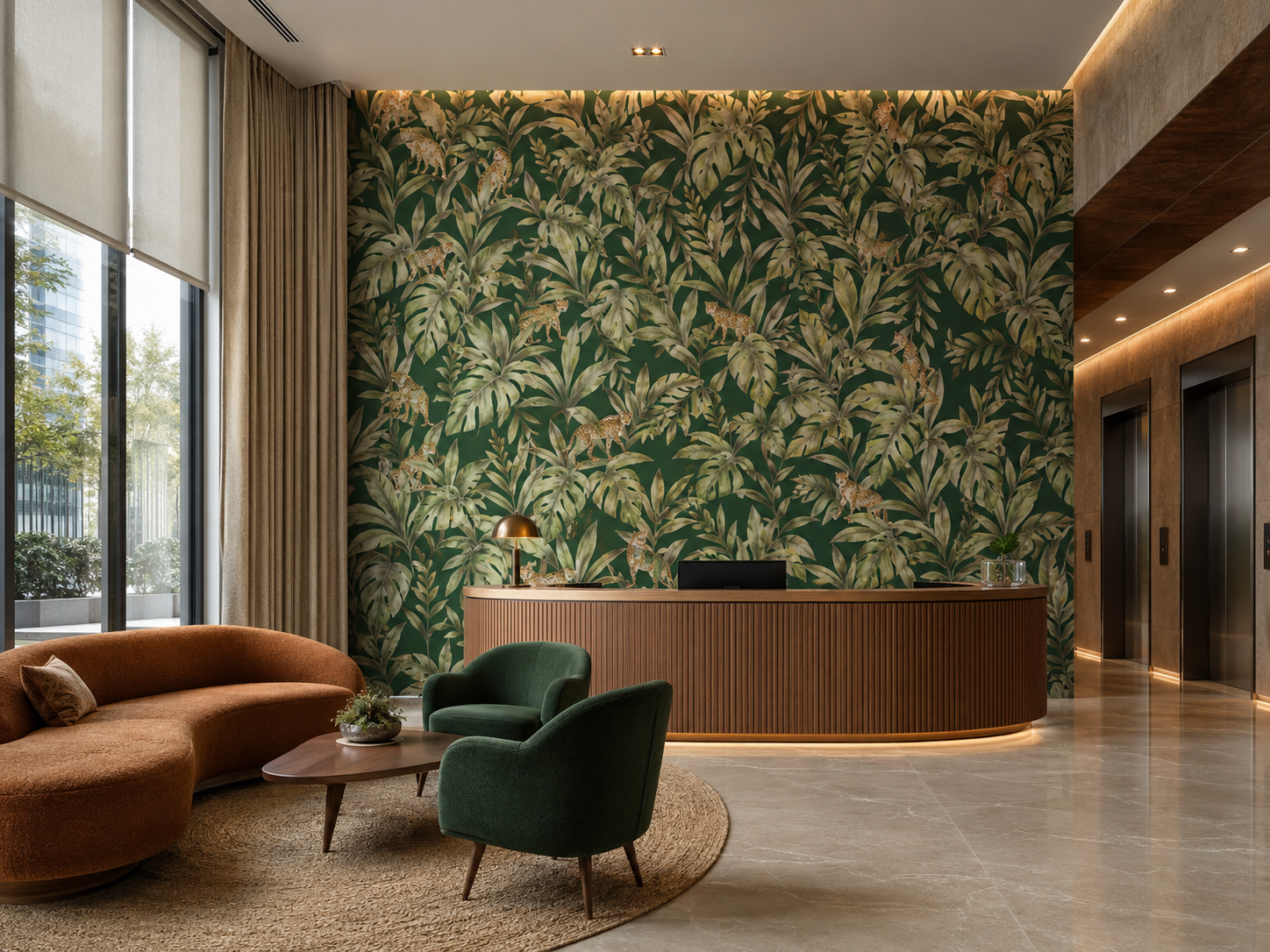 Recepção com sofá curvo, poltronas verdes, cortina de tecido e persiana rolô