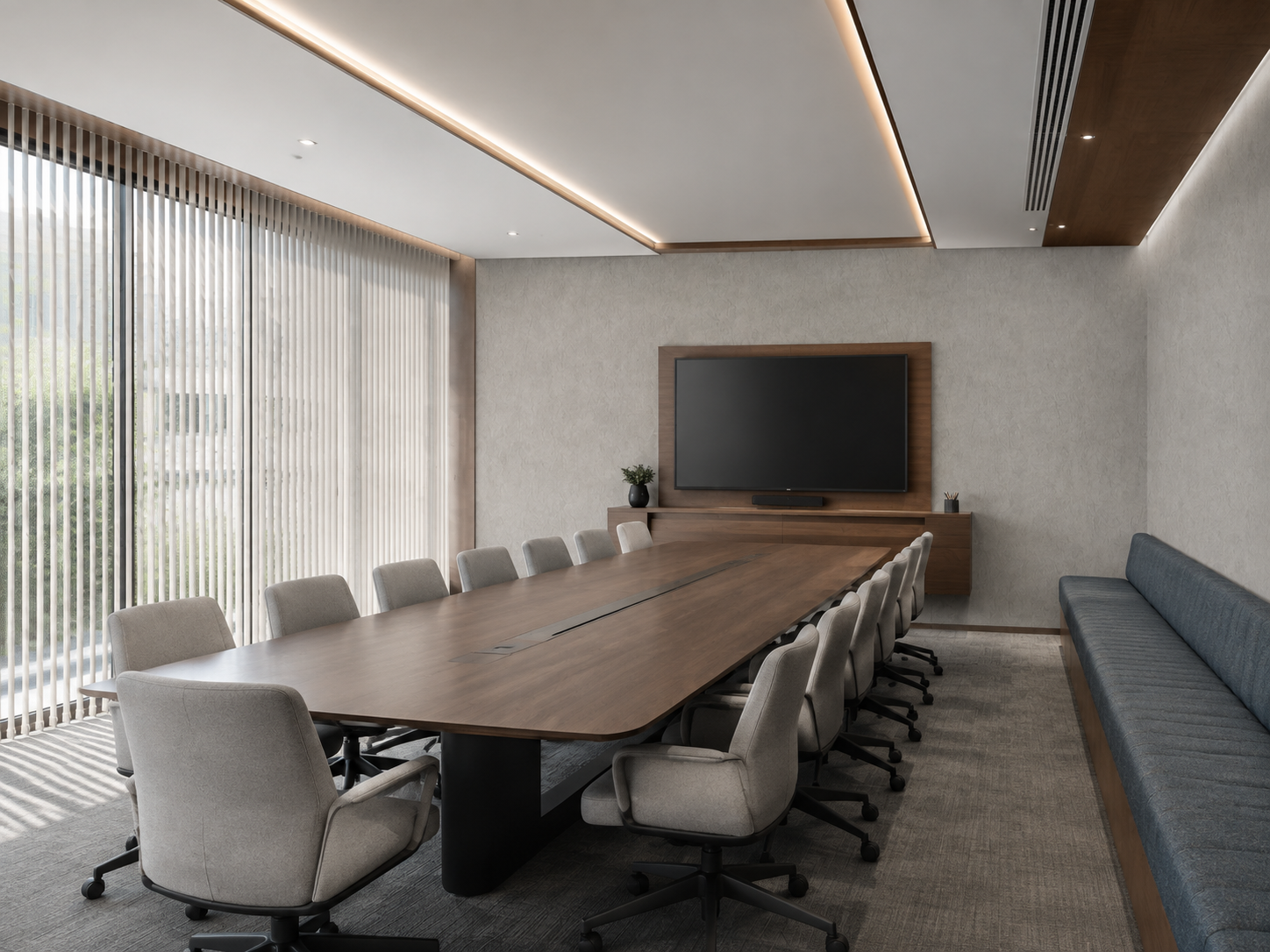 Sala de reunião com parede texturizada