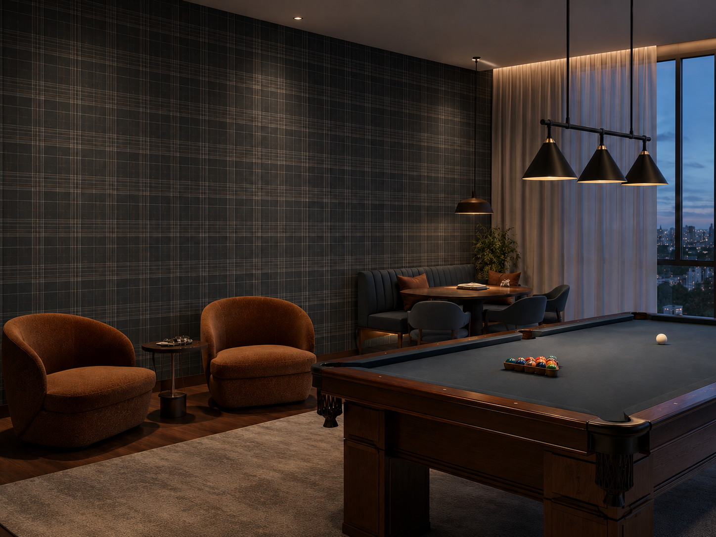 Lounge sofisticado com parede botânica e mesa de bilhar